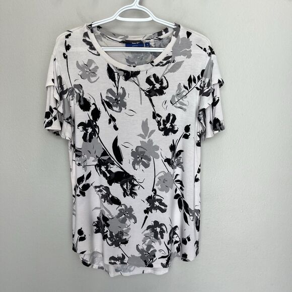 Apt 9 | Ivory Black Gray Soft Ruffle Short Sleeve Stretchy Top Medium - Picture 2 of 6